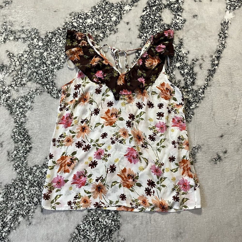 DR2 by Daniel Rainn Tank Top Womens Sz XS White Floral Ruffle V-neck Blouse